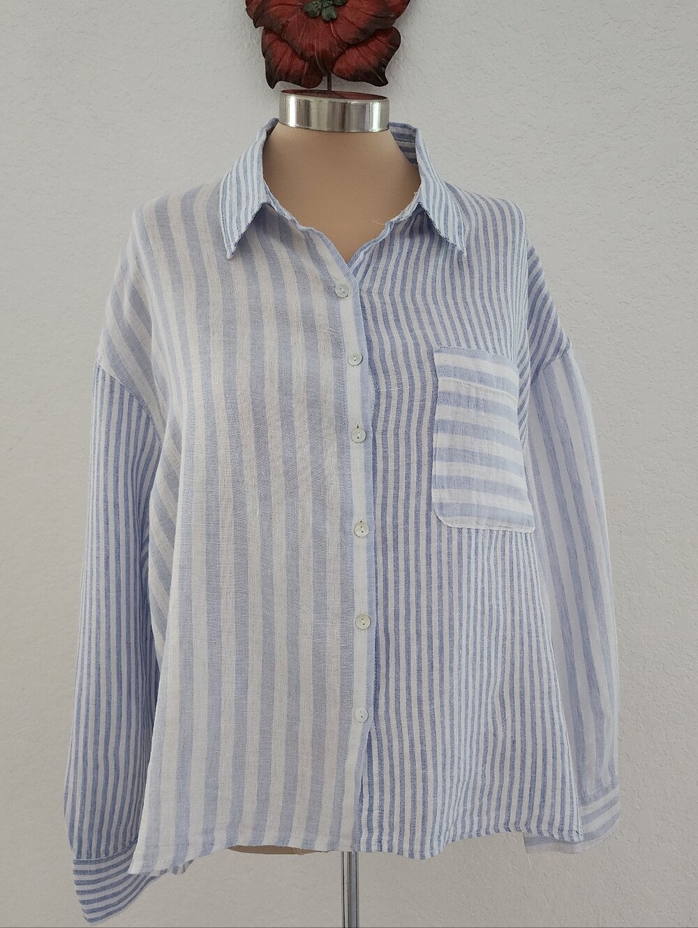 NICOLE MILLER | Light Blue & White Striped Button-Up Shirt 100% Linen - Picture 2 of 15